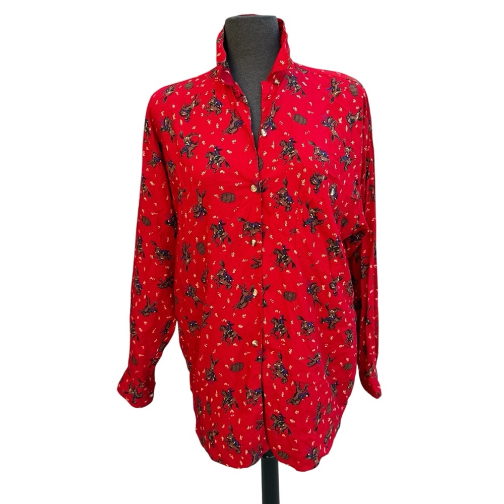 ILIO VINTAGE WOMENS Red Button-Up Shirt with Cowgirl Riding Horse Size Large